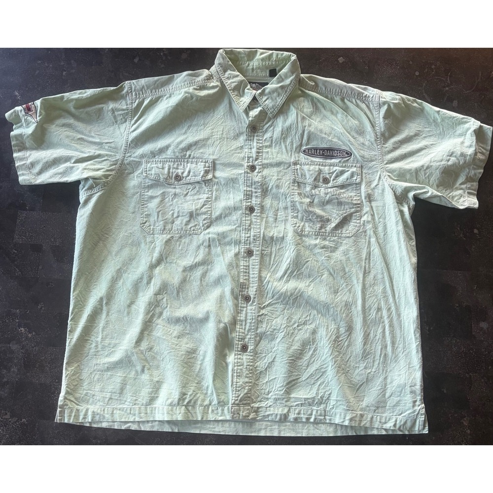 Harley-Davidson Mens XL Green Freedom Machine Short Sleeve Button Up Shirt USA